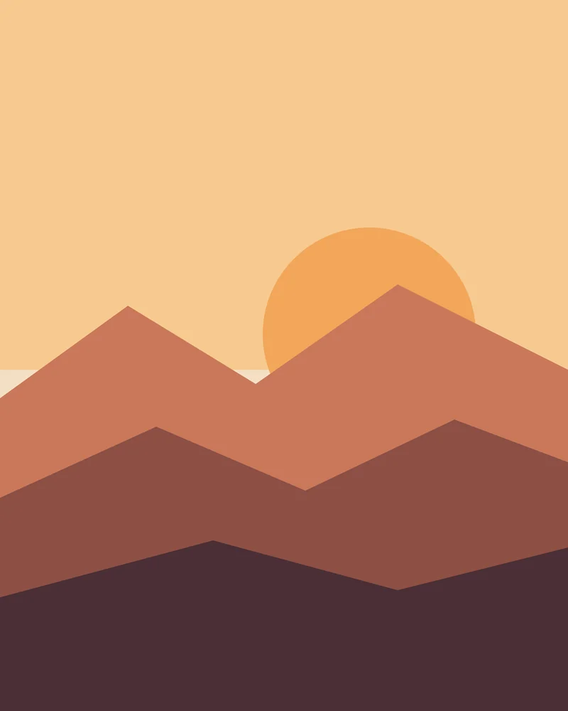 Illustration of the sun rising over layered hills