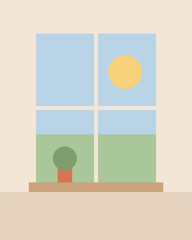 Illustration of a sunny kitchen window with a pot plant